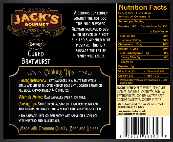 Beef Bratwurst Sausage (12oz) 4 Links - Jack's Gourmet