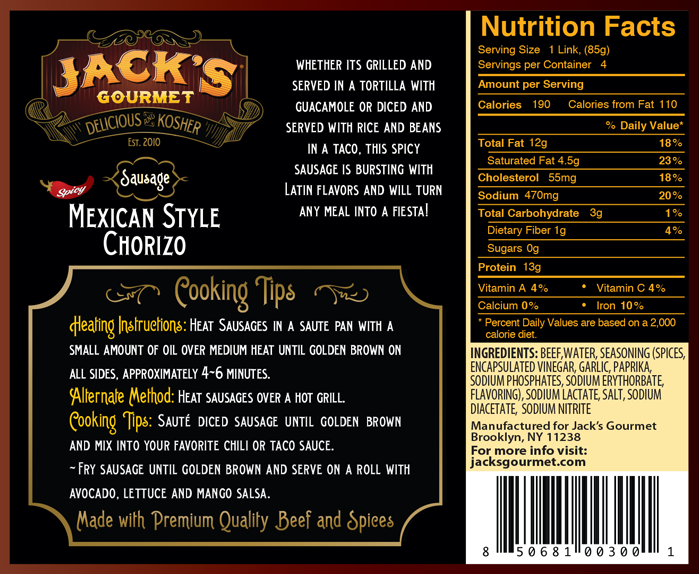 Spicy Mexican-Style Chorizo Beef Sausage (12oz) 4 Links - Jack's Gourmet 