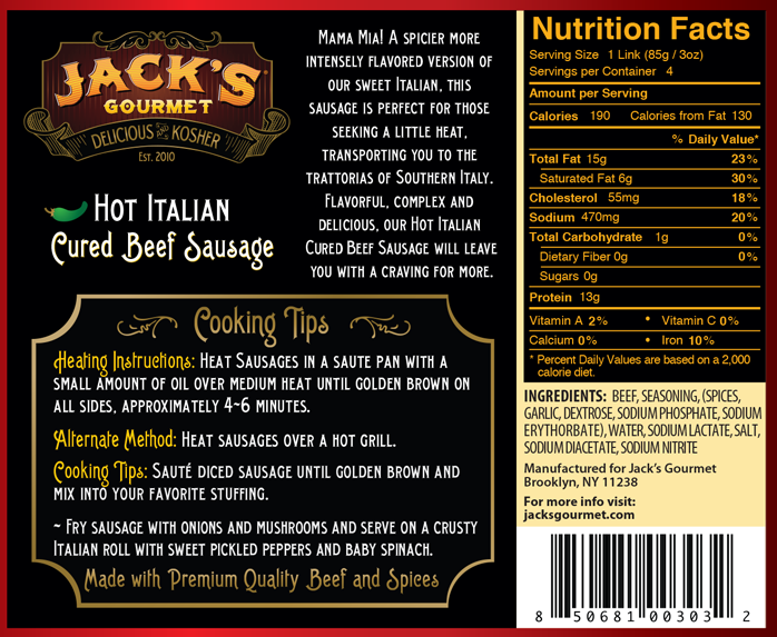 Hot Italian Beef Sausage (12oz) 4 Links - Jack's Gourmet