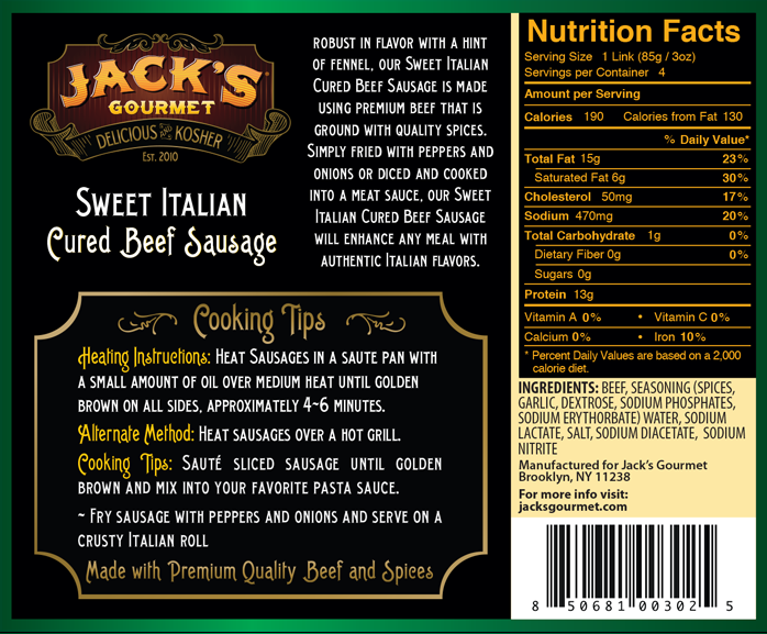 Sweet Italian Beef Sausage (12oz) 4 Links - Jack's Gourmet - 2